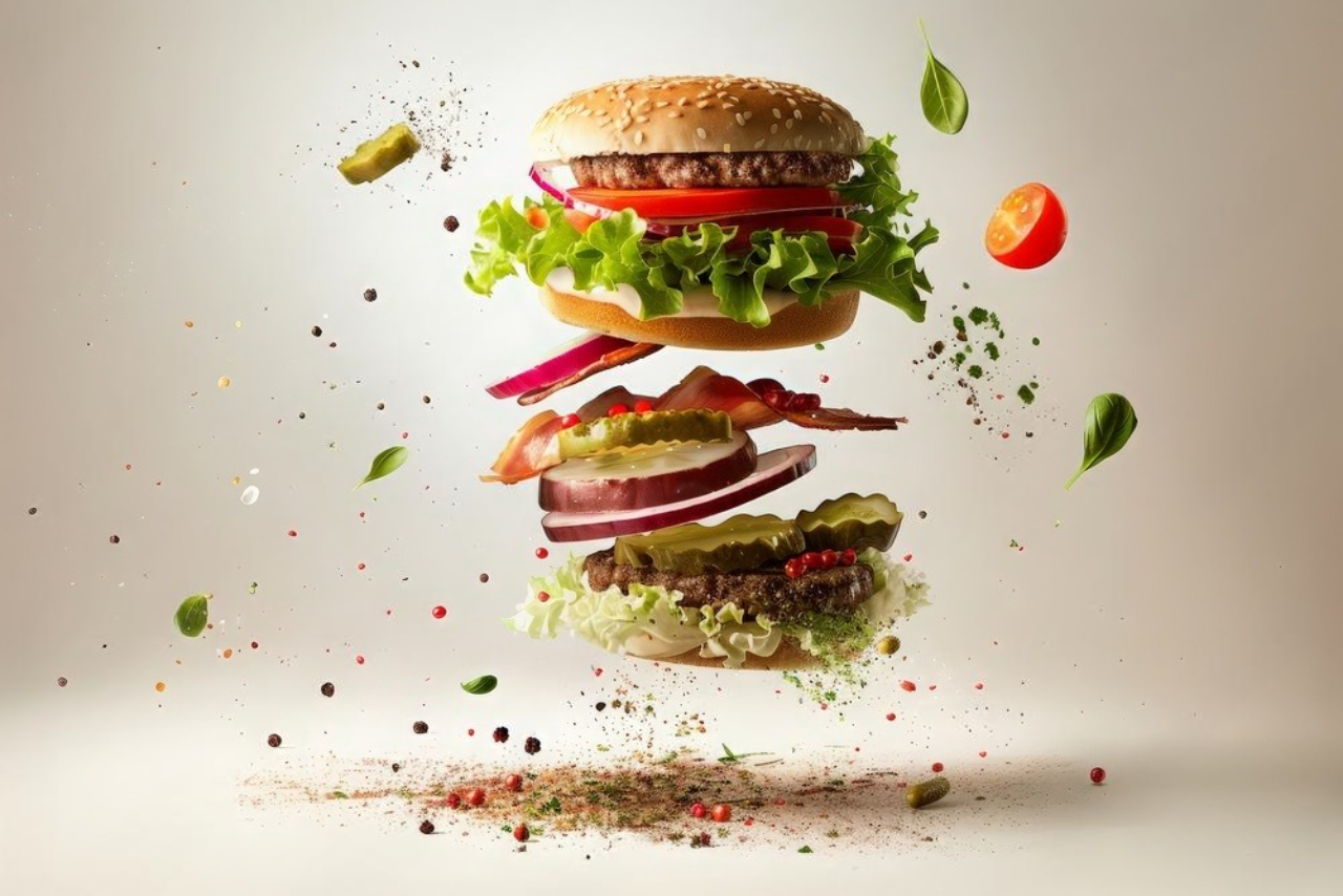 Exploded view of a delicious burger with floating ingredients