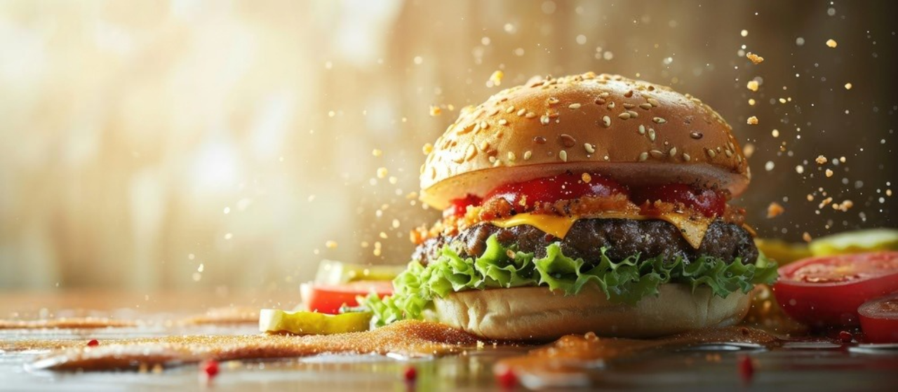 Delicious burger with dramatic lighting and seasoning